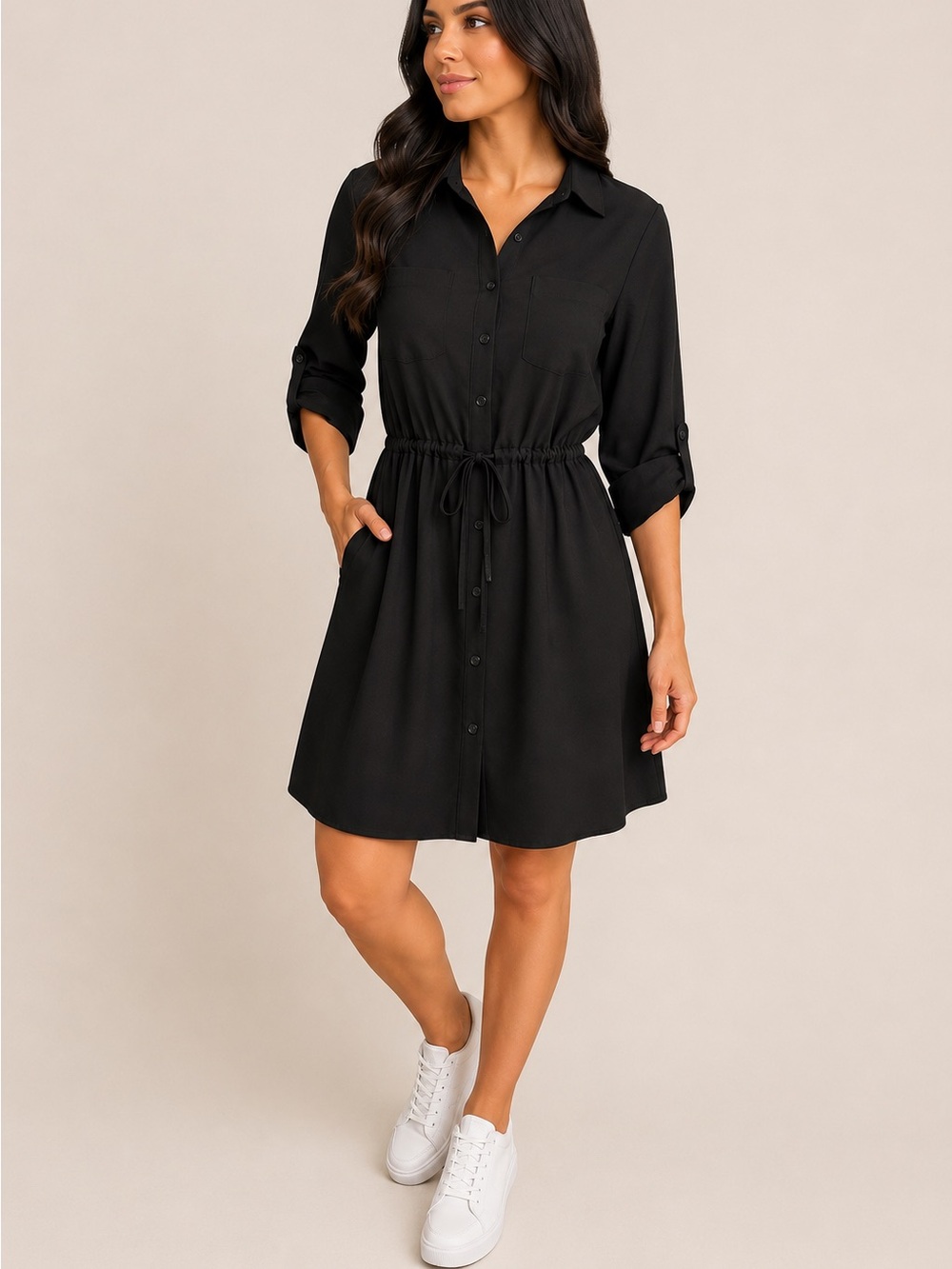Old Navy Black Long Sleeve Shirt Dress with Drawstring Waist